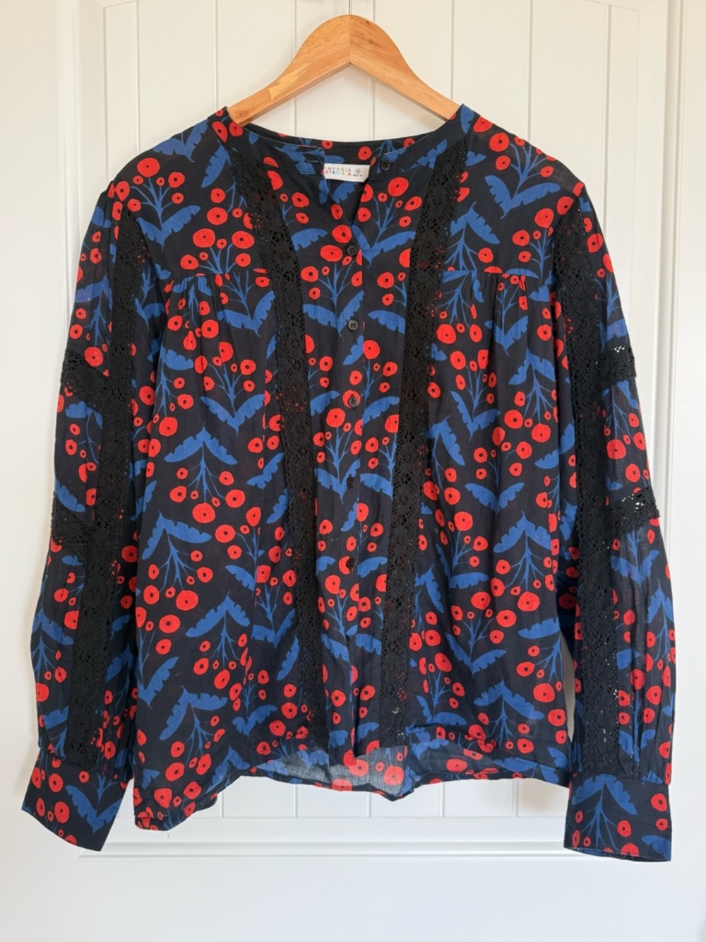 Compania Fantastica Poppy Print Lace Blouse Floral Long Sleeve Blue Red Medium